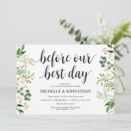 Greenery Rustic Wedding Rehearsal Dinner Invites Kaart (Staand voorkant)