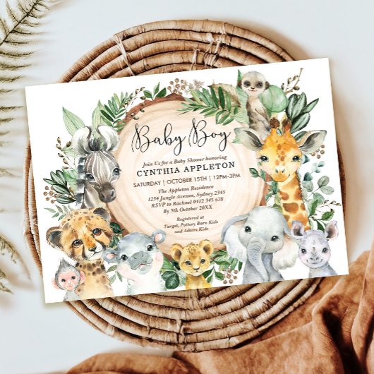 Greenery Safari Wilde Dieren Baby Boy Shower Kaart