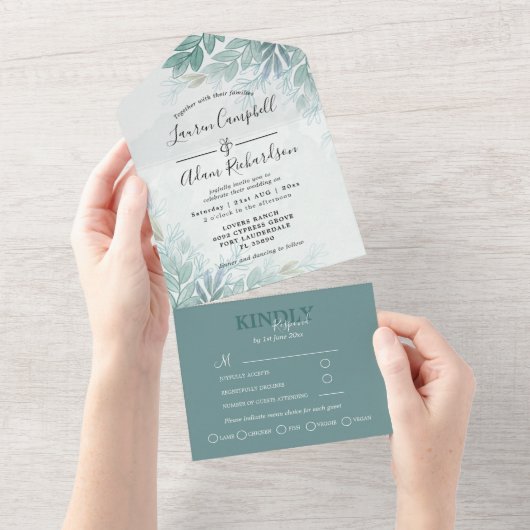 Greenery Sage Green Waterverf Foliage Wedding All In One Uitnodiging (Afscheurbaar)