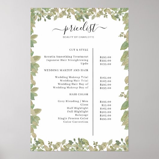 Greenery Salon Price List Poster (Voorkant)