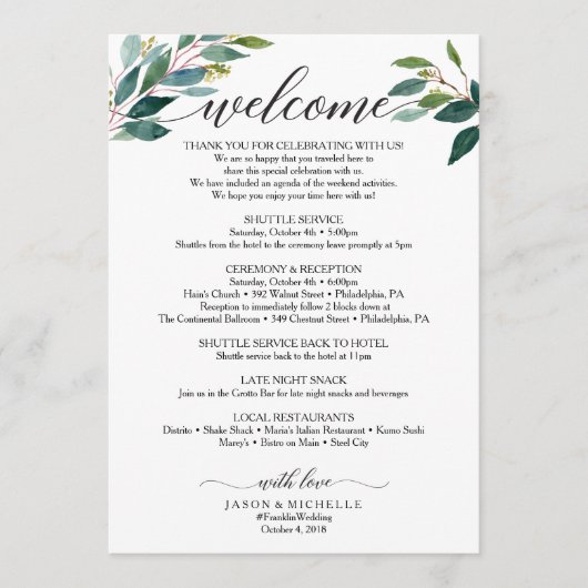 Greenery Script Wedding Itinerary Wedding Welcome Programma (Voorkant)