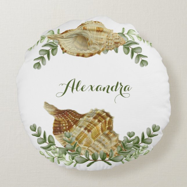 Greenery Seashell Nautical Cream Shells Rond Kussen (Achterkant)