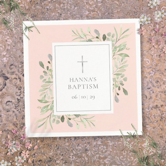 Greenery Silver Baptism Christening Blush Pink Servet