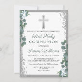 Greenery Silver Glitter First Heilige Communie Kaart (Voorkant)