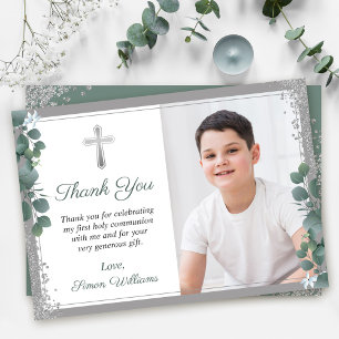 Greenery Silver Glitter First Holy Communion Photo Bedankkaart