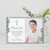 Greenery Silver Glitter First Holy Communion Photo Bedankkaart (Staand voorkant)