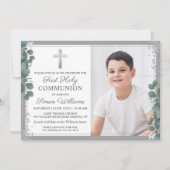 Greenery Silver Glitter First Holy Communion Photo Kaart (Voorkant)
