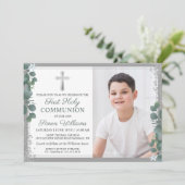 Greenery Silver Glitter First Holy Communion Photo Kaart (Staand voorkant)