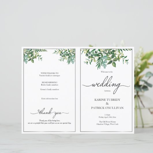 Greenery & Silver trouwprogramma, elegant letterty (Staand voorkant)