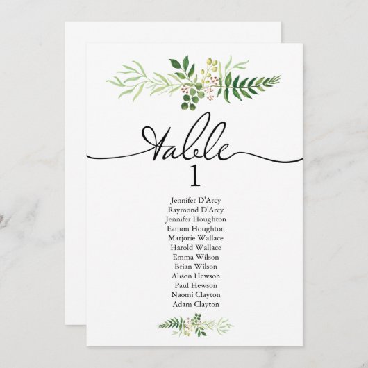 Greenery single bruiloft seating chart, modern fon kaart (Voorkant / Achterkant)