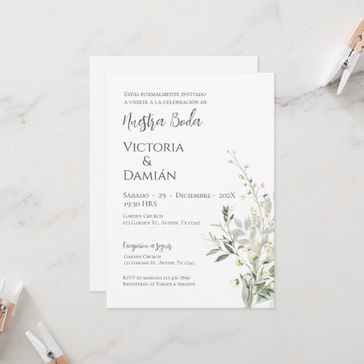 Greenery Spanish Wedding Invitation Kaart (Voorkant / Achterkant in situ)