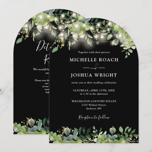 Greenery String Lights Arch QR Code Wedding Kaart (Voorkant / Achterkant)