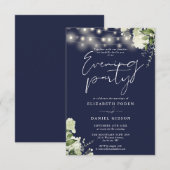 Greenery String Lights Navy Wedding Evening Party Kaart (Voorkant / Achterkant)