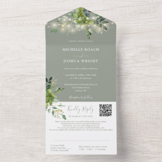Greenery String Lights QR Code Sage Green Wedding All In One Uitnodiging (Binnen)