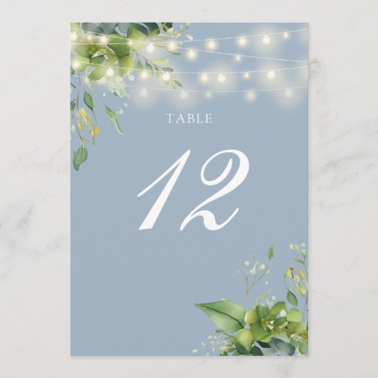 Greenery String Lights Stoffig Blauw Tafelnummer (Voorkant)