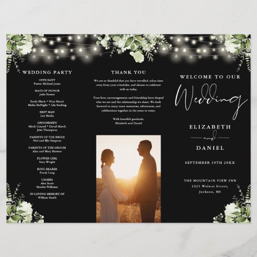 Greenery String Lights Trifold Wedding Program Flyer (Voorkant)