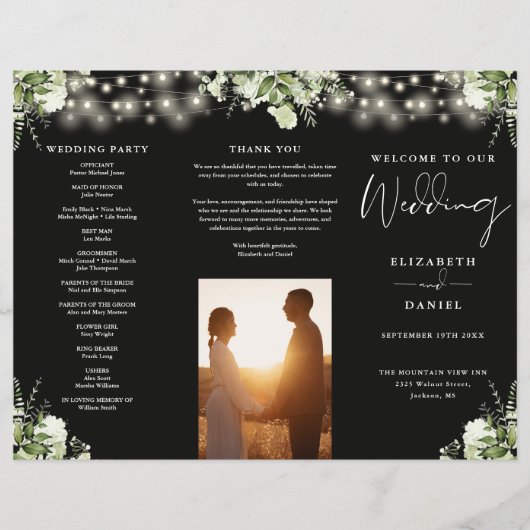 Greenery String Lights Trifold Wedding Program Flyer (Voorkant)