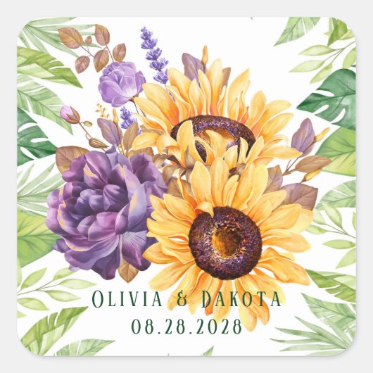 Greenery Sunflower and Paarse Floral Wedding Vierkante Sticker (Voorkant)