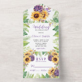 Greenery Sunflower and Paarse Florals Wedding All In One Uitnodiging (Binnen)