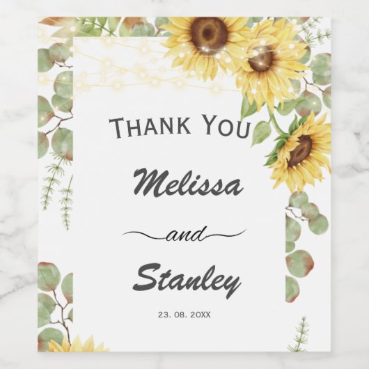 Greenery Sunflower Eucalyptus String Light Wedding Wijn Etiket (Enkel label)
