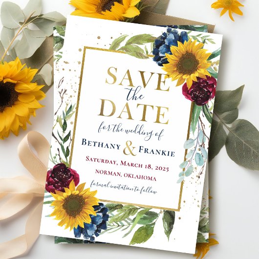 Greenery Sunflower Floral Gold Save the Date Kaart