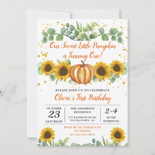Greenery Sunflower Herfst Pumpkin First Birthday Kaart (Voorkant)