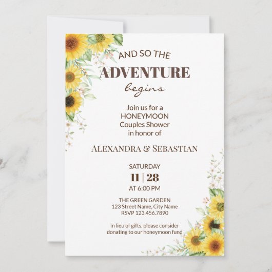 Greenery Sunflower Honeymoon Shower Uitnodiging (Voorkant)