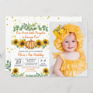Greenery Sunflower Pumpkin Autumn Birthday Photo Kaart