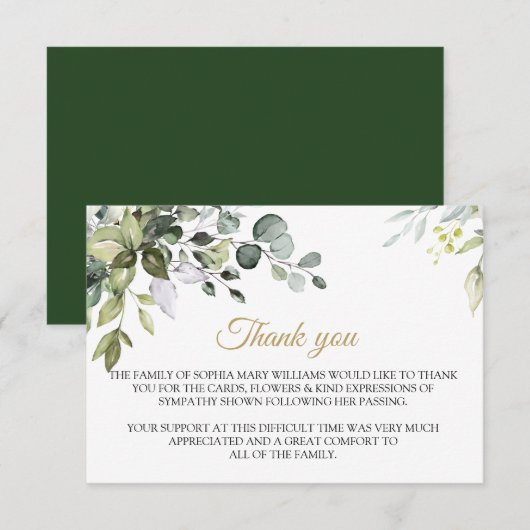 Greenery Sympathy Funeral Merci Note (Devant / Derrière)
