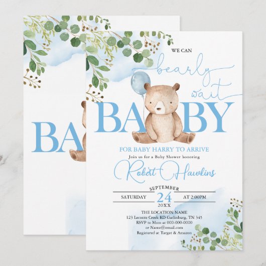 Greenery Teddy Bear-ballonBaby shower Kaart (Voorkant / Achterkant)