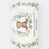 Greenery Teddy Bear Yellow Balloon Happy Birthday Spandoek (Verticaal)