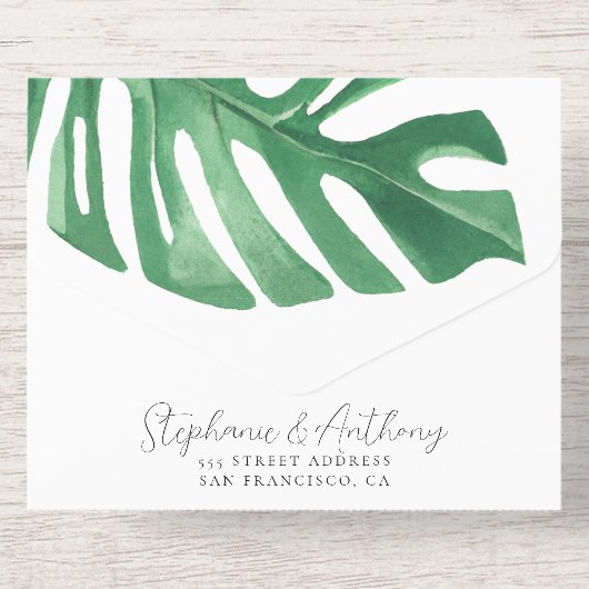 Greenery Tropical Monstera Leaves Summer Wedding All In One Uitnodiging (Achterzijde)