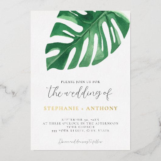 Greenery Tropical Monstera Leaves Summer Wedding Folie Uitnodiging (Voorkant)
