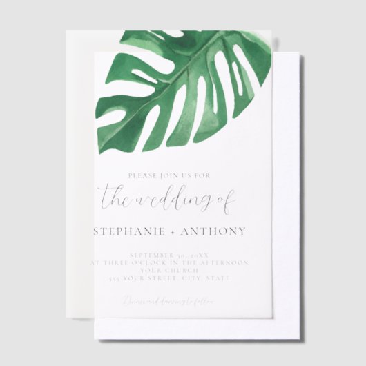 Greenery Tropical Monstera Leaves Summer Wedding Vellum Uitnodigingen (Offset)