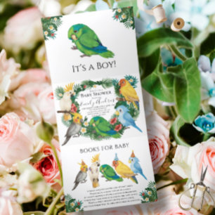 Greenery Tropical Parrots exotic Boy Baby shower Drieluik Aankondiging