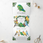 Greenery Tropical Parrots exotic Boy Baby shower Drieluik Aankondiging (Binnen)
