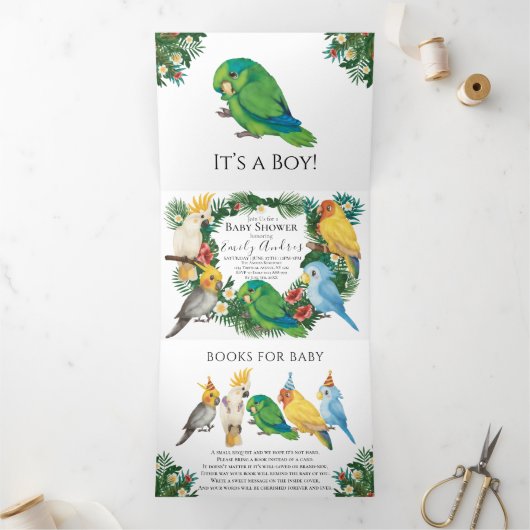Greenery Tropical Parrots exotic Boy Baby shower Drieluik Aankondiging (Binnen)