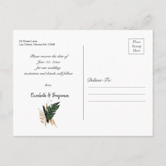 Greenery Tropical Summer verlaat de datum redden Briefkaart (Achterkant)