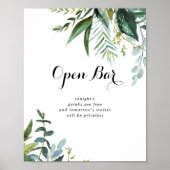 Greenery Tropical Wedding Open Bar Sign Poster (Voorkant)