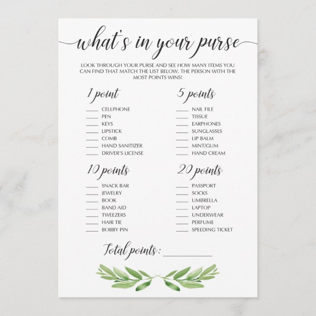 Greenery Vrijgezellenfeest Activity Purse Raid Gam (Voorkant)