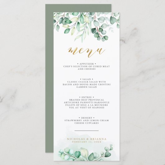 Greenery Waterverf Eucalyptus Gold Wedding Dinner Menu (Voorkant / Achterkant)