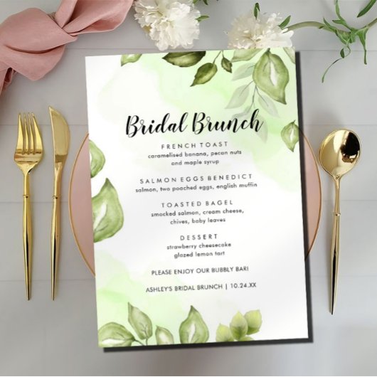 Greenery Waterverf Floral Bridal Brunch Menu