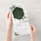 Greenery Waterverf Gold Hexagon Wedding All In One Uitnodiging (Afscheurbaar)