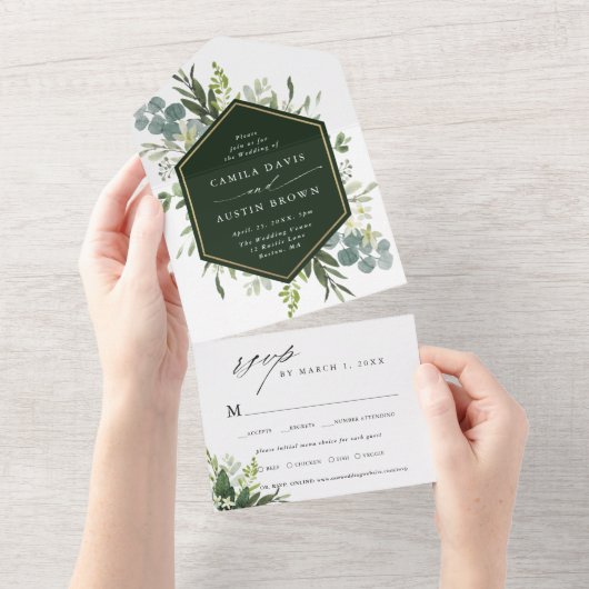 Greenery Waterverf Gold Hexagon Wedding All In One Uitnodiging (Afscheurbaar)