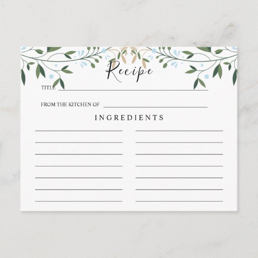 Greenery Waterverf, Leaf Wedding Recipe Card Briefkaart (Voorkant)