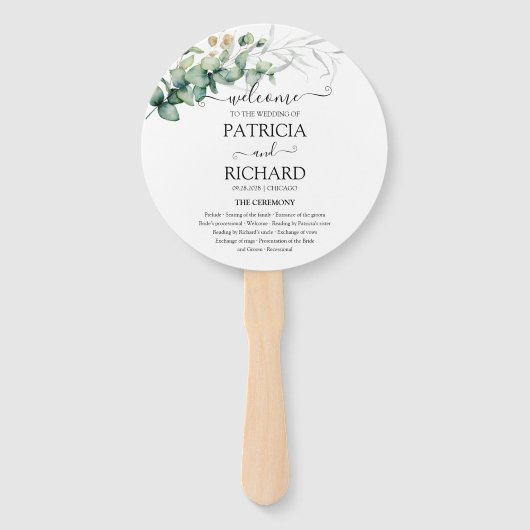 Greenery Waterverf Wedding Program Hand Fan Handwaaier (Voorkant)
