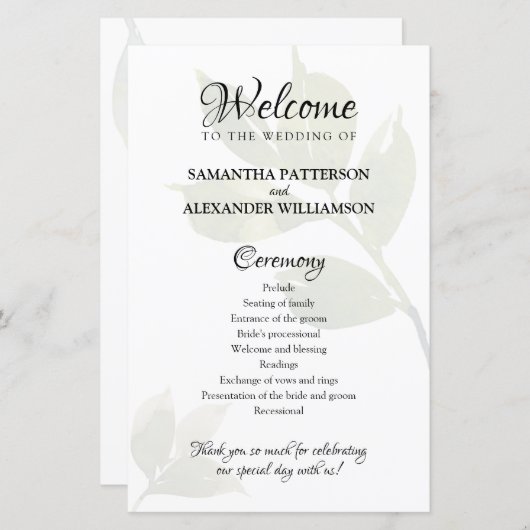 Greenery Waterverf Wedding Programme Papier (Voorkant / Achterkant)