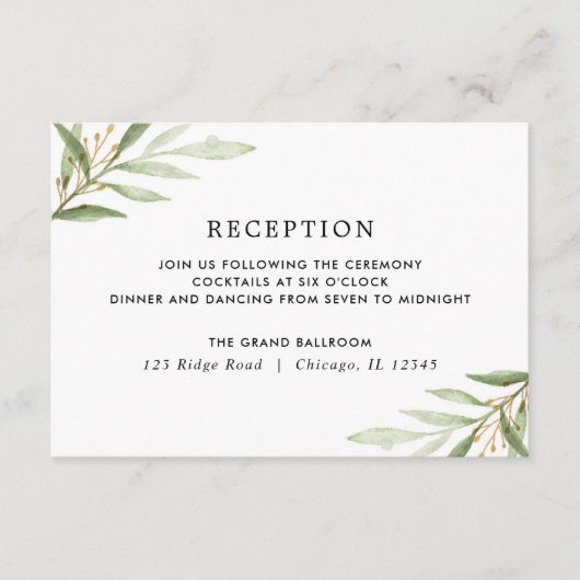 Greenery waterverven groene goudbladeren ontvangst informatiekaartje (Voorkant)