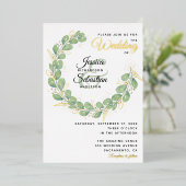 Greenery Wedding Gold White Eucalyptus Wreath Folie Uitnodiging (Staand Voorkant)