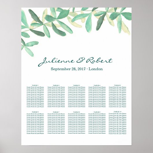 Greenery Wedding Seating Chart Portret 10 Tables Poster (Voorkant)